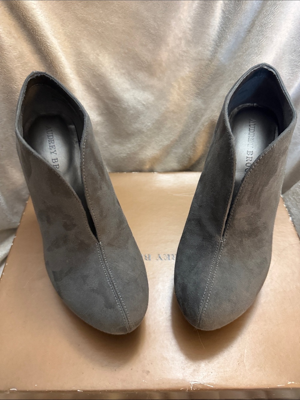 Audrey Brooke Gray Suede V-Cut Ankle Booties